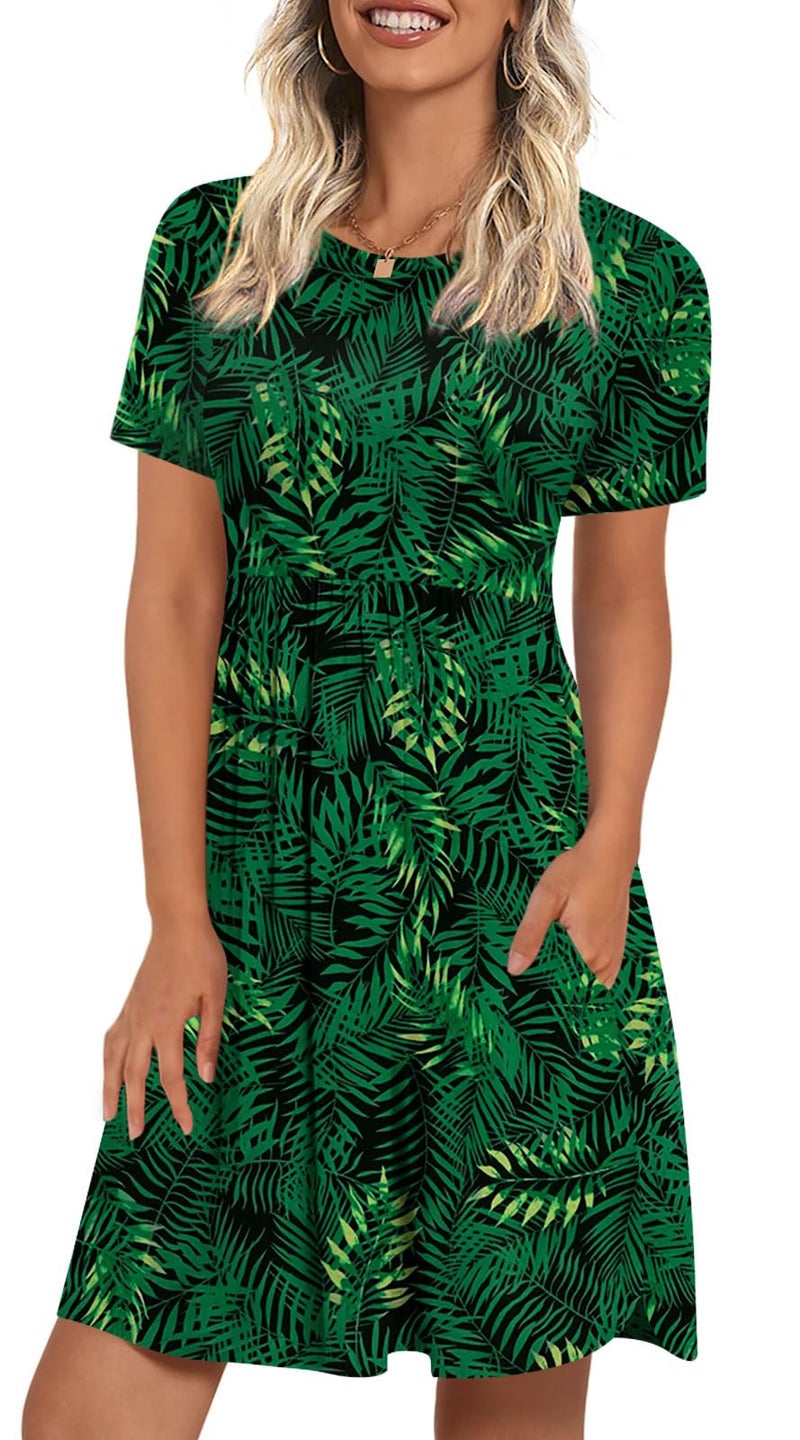 LONGYUAN Womans Short Sleeve Sundress Casual Loose Comfy Dresses with Pockets Leaf Green X-Large - Image 1